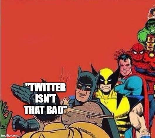 Batman Slapping Robin with Superheroes Lined Up | "TWITTER ISN'T THAT BAD" | image tagged in batman slapping robin with superheroes lined up | made w/ Imgflip meme maker
