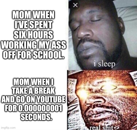 And they never believe you | MOM WHEN I’VE SPENT SIX HOURS WORKING MY ASS OFF FOR SCHOOL. MOM WHEN I TAKE A BREAK AND GO ON YOUTUBE FOR 0.000000001     SECONDS. | image tagged in i sleep real shit | made w/ Imgflip meme maker