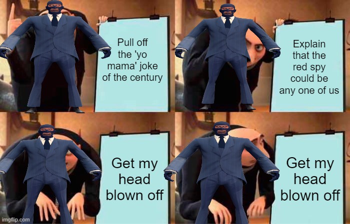 Gru's Plan | Pull off the 'yo mama' joke of the century; Explain that the red spy could be any one of us; Get my head blown off; Get my head blown off | image tagged in memes,gru's plan,tf2 spy,blue spy | made w/ Imgflip meme maker