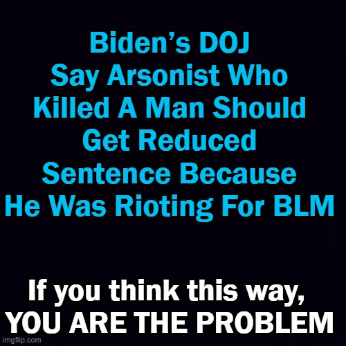It should say, "Biden's Department of Jerks"... | Biden’s DOJ Say Arsonist Who Killed A Man Should Get Reduced Sentence Because He Was Rioting For BLM; If you think this way, 
YOU ARE THE PROBLEM | image tagged in politics,democrats,doj,no law,no order,chaos | made w/ Imgflip meme maker