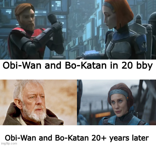 Disney doesn't give a crap about aging | Obi-Wan and Bo-Katan in 20 bby; Obi-Wan and Bo-Katan 20+ years later | image tagged in star wars,obi wan kenobi,the mandalorian,mandalorian | made w/ Imgflip meme maker