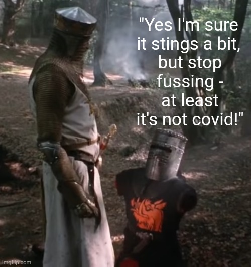 At least it's not covid! | "Yes I'm sure it stings a bit, but stop fussing -; at least it's not covid!" | image tagged in monty python,monty python and the holy grail,funny,covid,covid-19 | made w/ Imgflip meme maker