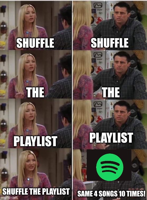 Spotify | SHUFFLE; SHUFFLE; THE; THE; PLAYLIST; PLAYLIST; SHUFFLE THE PLAYLIST; SAME 4 SONGS 10 TIMES! | image tagged in phoebe joey | made w/ Imgflip meme maker