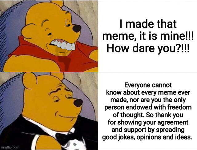 seriously | I made that meme, it is mine!!! How dare you?!!! Everyone cannot know about every meme ever made, nor are you the only person endowed with freedom of thought. So thank you for showing your agreement and support by spreading good jokes, opinions and ideas. | image tagged in cursed pooh tuxedo pooh | made w/ Imgflip meme maker