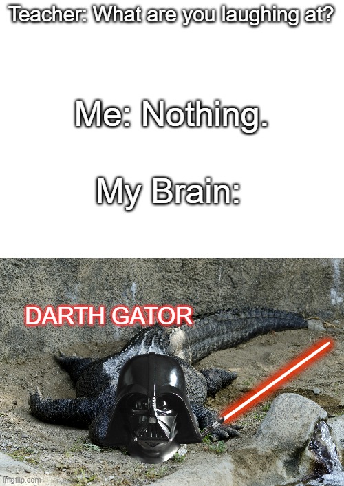Get it? | Teacher: What are you laughing at? Me: Nothing. My Brain:; DARTH GATOR | image tagged in blank white template,star wars | made w/ Imgflip meme maker