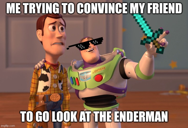 lol minecraft | ME TRYING TO CONVINCE MY FRIEND; TO GO LOOK AT THE ENDERMAN | image tagged in memes,x x everywhere | made w/ Imgflip meme maker