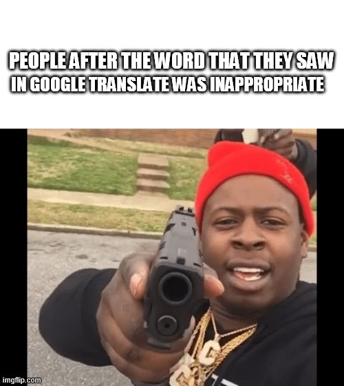 I should not | PEOPLE AFTER THE WORD THAT THEY SAW; IN GOOGLE TRANSLATE WAS INAPPROPRIATE | image tagged in gun | made w/ Imgflip meme maker