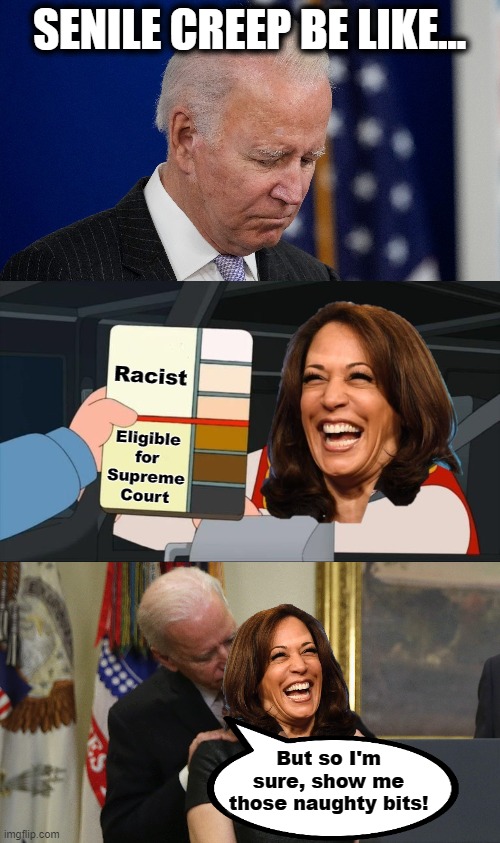 When skin color and gender are the requirements for the Supreme Court | SENILE CREEP BE LIKE... Racist; Eligible for Supreme Court; But so I'm sure, show me those naughty bits! | image tagged in memes,joe biden,senile creep,supreme court,kamala,skin color chart | made w/ Imgflip meme maker