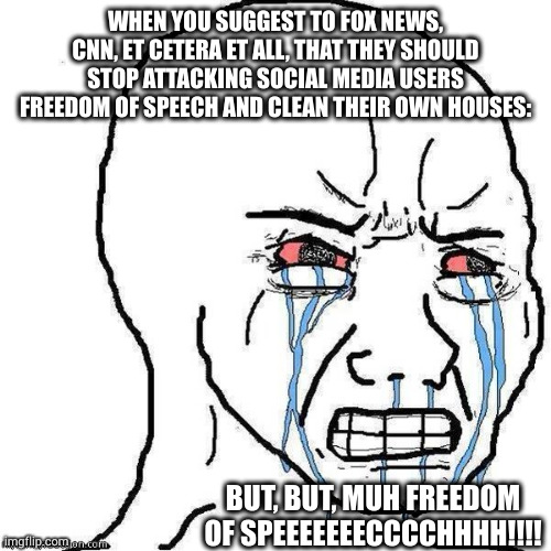 free | WHEN YOU SUGGEST TO FOX NEWS, CNN, ET CETERA ET ALL, THAT THEY SHOULD STOP ATTACKING SOCIAL MEDIA USERS FREEDOM OF SPEECH AND CLEAN THEIR OWN HOUSES:; BUT, BUT, MUH FREEDOM OF SPEEEEEEECCCCHHHH!!!! | image tagged in angery | made w/ Imgflip meme maker
