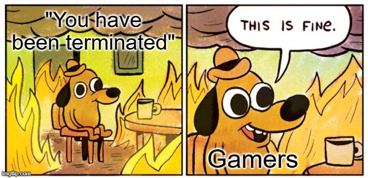 This is fine | "You have been terminated"; Gamers | image tagged in memes,this is fine | made w/ Imgflip meme maker