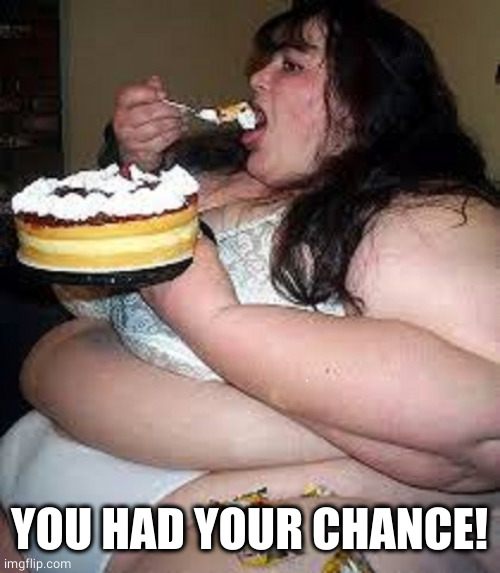 fat girl cake pron | YOU HAD YOUR CHANCE! | image tagged in fat girl cake pron | made w/ Imgflip meme maker