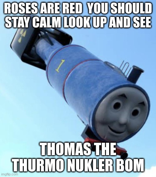 thomas the thurmo nukler bom | ROSES ARE RED  YOU SHOULD STAY CALM LOOK UP AND SEE; THOMAS THE THURMO NUKLER BOM | image tagged in thomas the thurmo nukler bom | made w/ Imgflip meme maker