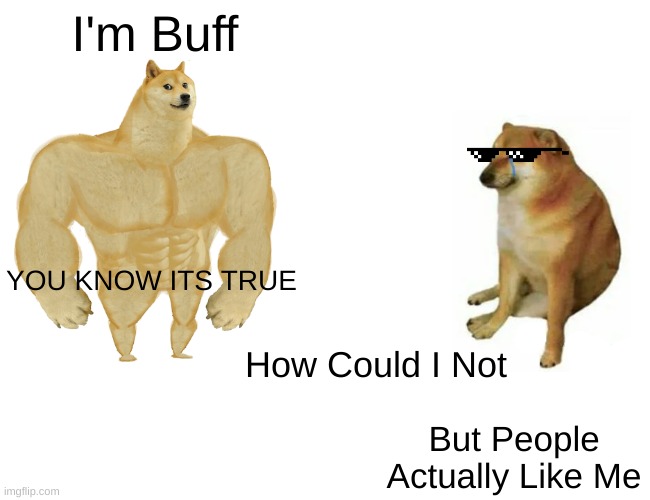 Buff Doge vs. Cheems | I'm Buff; YOU KNOW ITS TRUE; How Could I Not; But People Actually Like Me | image tagged in memes,buff doge vs cheems | made w/ Imgflip meme maker