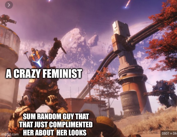 titanfall 2 | A CRAZY FEMINIST; SUM RANDOM GUY THAT THAT JUST COMPLIMENTED HER ABOUT  HER LOOKS | image tagged in titanfall 2 | made w/ Imgflip meme maker
