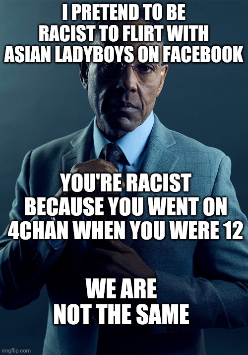 Gus Fring we are not the same | I PRETEND TO BE RACIST TO FLIRT WITH ASIAN LADYBOYS ON FACEBOOK; YOU'RE RACIST BECAUSE YOU WENT ON 4CHAN WHEN YOU WERE 12; WE ARE NOT THE SAME | image tagged in gus fring we are not the same | made w/ Imgflip meme maker