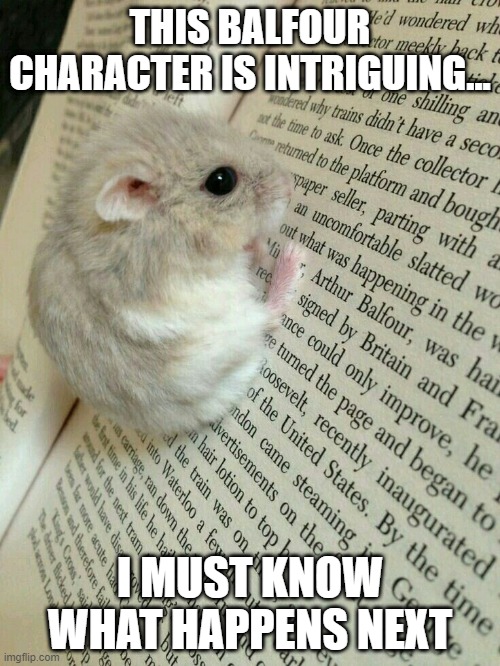 THIS BALFOUR CHARACTER IS INTRIGUING... I MUST KNOW WHAT HAPPENS NEXT | image tagged in hamster,squirrel,rat,gerbil,reading,book | made w/ Imgflip meme maker