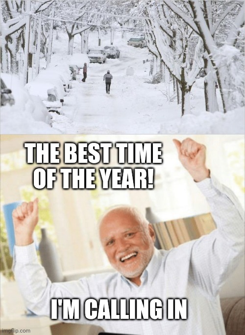 "MY CAR IS STUCK" |  THE BEST TIME OF THE YEAR! I'M CALLING IN | image tagged in blizzard,winter,work,snow,hide the pain harold | made w/ Imgflip meme maker