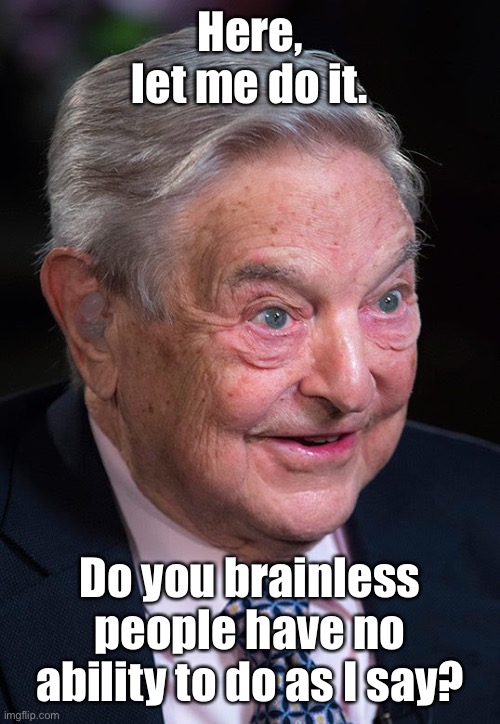 Evil George Soros | Here, let me do it. Do you brainless people have no ability to do as I say? | image tagged in evil george soros | made w/ Imgflip meme maker