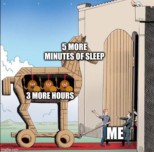 Me IRL | 5 MORE MINUTES OF SLEEP; 3 MORE HOURS; ME | image tagged in trojan horse | made w/ Imgflip meme maker