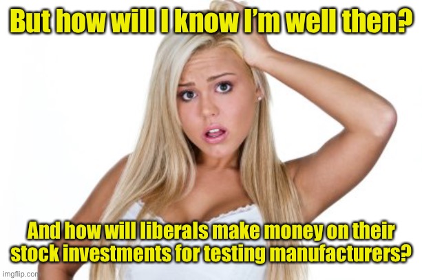 Dumb Blonde | But how will I know I’m well then? And how will liberals make money on their stock investments for testing manufacturers? | image tagged in dumb blonde | made w/ Imgflip meme maker