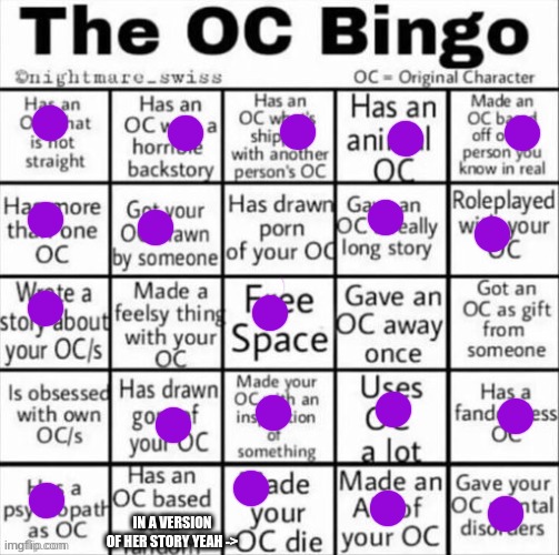 The OC bingo | IN A VERSION OF HER STORY YEAH -> | image tagged in the oc bingo | made w/ Imgflip meme maker