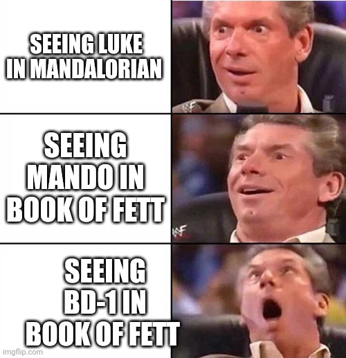 Excited man | SEEING LUKE IN MANDALORIAN; SEEING MANDO IN BOOK OF FETT; SEEING BD-1 IN BOOK OF FETT | image tagged in excited man | made w/ Imgflip meme maker