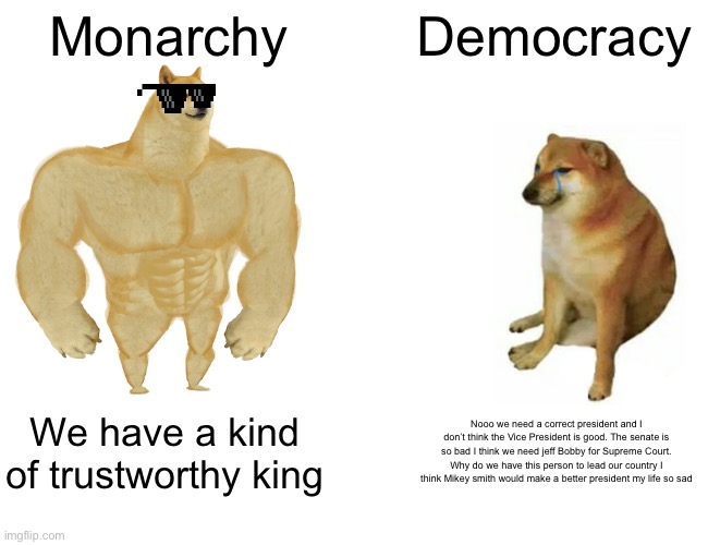 Buff Doge vs. Cheems | Monarchy; Democracy; We have a kind of trustworthy king; Nooo we need a correct president and I don’t think the Vice President is good. The senate is so bad I think we need jeff Bobby for Supreme Court. Why do we have this person to lead our country I think Mikey smith would make a better president my life so sad | image tagged in memes,buff doge vs cheems | made w/ Imgflip meme maker