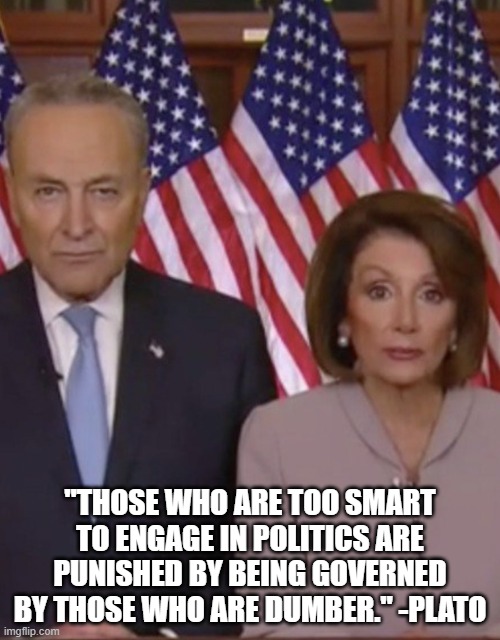 Dumb Politicians | "THOSE WHO ARE TOO SMART TO ENGAGE IN POLITICS ARE PUNISHED BY BEING GOVERNED BY THOSE WHO ARE DUMBER." -PLATO | image tagged in two politicians,dumb,politicians | made w/ Imgflip meme maker