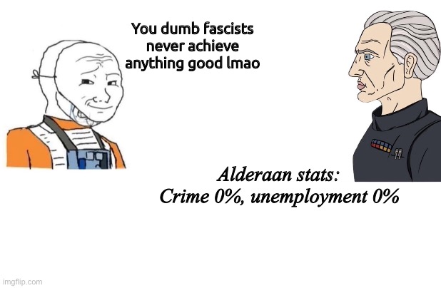 Silence reb*l scum | You dumb fascists never achieve anything good lmao; Alderaan stats: Crime 0%, unemployment 0% | image tagged in star wars | made w/ Imgflip meme maker