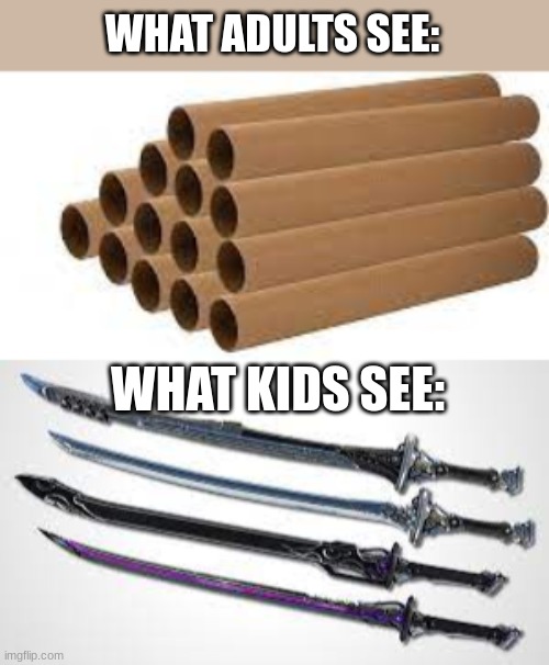 Kids be like | WHAT ADULTS SEE:; WHAT KIDS SEE: | image tagged in kids,sword,cardboardtube | made w/ Imgflip meme maker