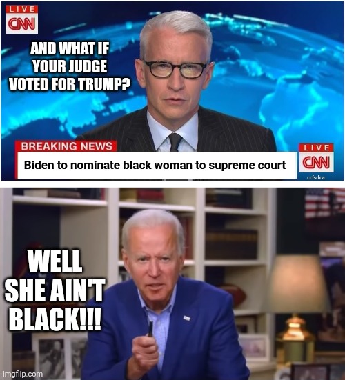 AND WHAT IF YOUR JUDGE VOTED FOR TRUMP? Biden to nominate black woman to supreme court; WELL SHE AIN'T BLACK!!! | image tagged in cnn breaking news anderson cooper,biden you ain't black | made w/ Imgflip meme maker