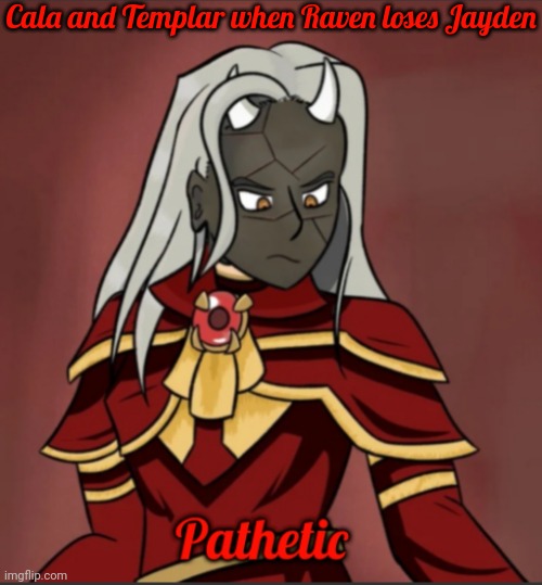 "Oh your sad that you lost Jayden, we lost more then you did" | Cala and Templar when Raven loses Jayden | image tagged in calamitas pathetic | made w/ Imgflip meme maker