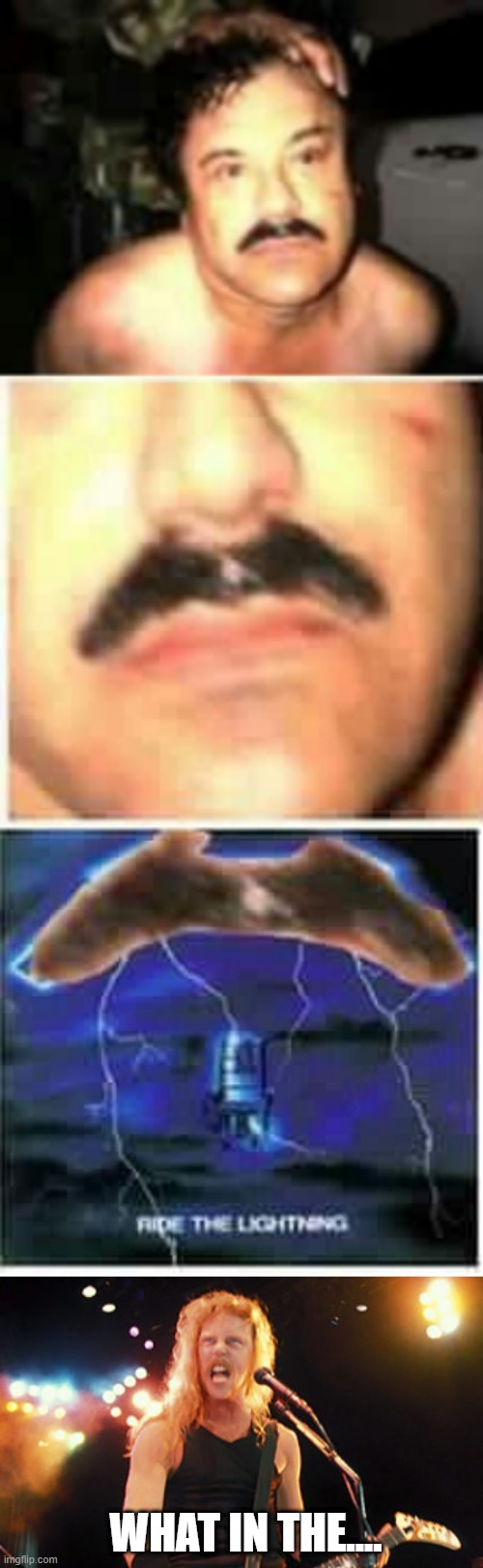RIDE THE MUSTACHE | WHAT IN THE.... | image tagged in mustache,metallica,metal,thrash metal | made w/ Imgflip meme maker