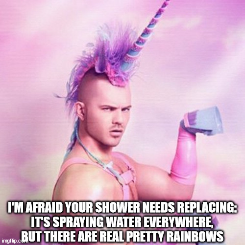 Unicorn MAN Meme | I'M AFRAID YOUR SHOWER NEEDS REPLACING:
IT'S SPRAYING WATER EVERYWHERE,
BUT THERE ARE REAL PRETTY RAINBOWS | image tagged in memes,unicorn man | made w/ Imgflip meme maker