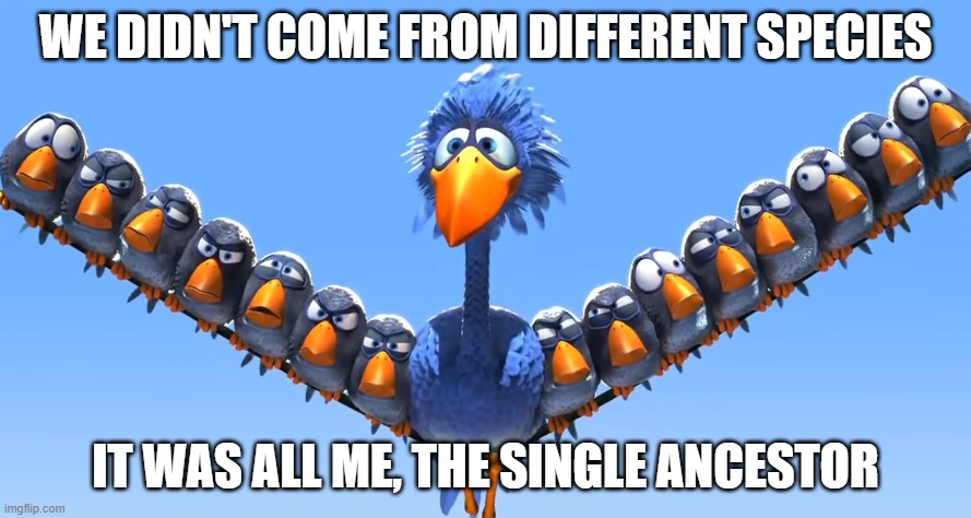 pixar birds big bird | WE DIDN'T COME FROM DIFFERENT SPECIES; IT WAS ALL ME, THE SINGLE ANCESTOR | image tagged in pixar birds big bird | made w/ Imgflip meme maker