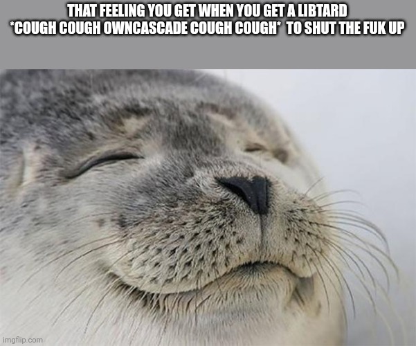 Lol!!! | THAT FEELING YOU GET WHEN YOU GET A LIBTARD *COUGH COUGH OWNCASCADE COUGH COUGH*  TO SHUT THE FUK UP | image tagged in memes,satisfied seal | made w/ Imgflip meme maker