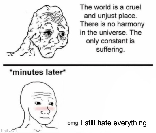 The only constant is suffering | I still hate everything | image tagged in minutes later omg | made w/ Imgflip meme maker