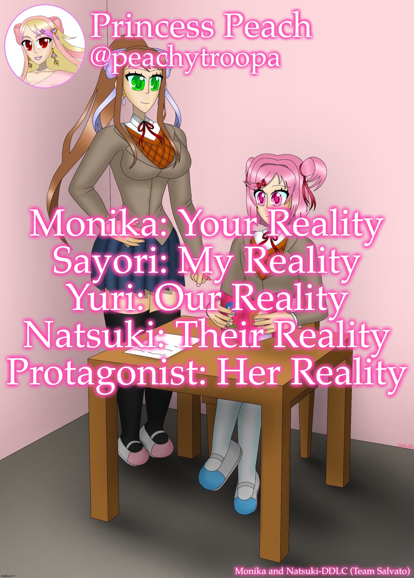 Monika and Natsuki | Monika: Your Reality
Sayori: My Reality
Yuri: Our Reality
Natsuki: Their Reality
Protagonist: Her Reality | image tagged in monika and natsuki | made w/ Imgflip meme maker