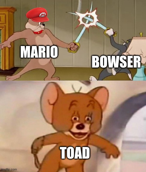 Tom and Jerry swordfight | MARIO; BOWSER; TOAD | image tagged in tom and jerry swordfight | made w/ Imgflip meme maker