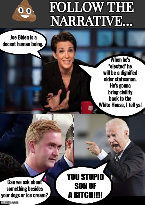 Madcow Angry Biden Narrative | FOLLOW THE NARRATIVE... Joe Biden is a decent human being. When he's "elected" he will be a dignified elder statesman. He's gonna bring civility back to the White House, I tell ya! YOU STUPID SON OF A BITCH!!!! Can we ask about something besides your dogs or ice cream? | image tagged in grey blank temp,rachel maddow,black box meme | made w/ Imgflip meme maker