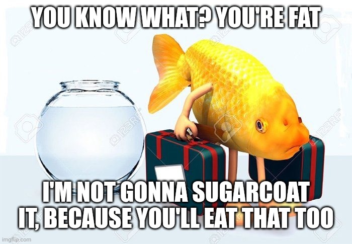 An old roast I heard from awhile back (like a few years ago) | YOU KNOW WHAT? YOU'RE FAT; I'M NOT GONNA SUGARCOAT IT, BECAUSE YOU'LL EAT THAT TOO | image tagged in stock photo | made w/ Imgflip meme maker