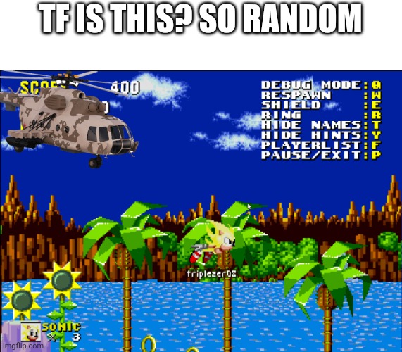 super sonic runs from helikopter | TF IS THIS? SO RANDOM | image tagged in super sonic runs from helikopter | made w/ Imgflip meme maker