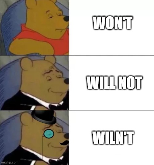whinny the poo | WON'T; WILL NOT; WILN'T | image tagged in whinny the poo | made w/ Imgflip meme maker