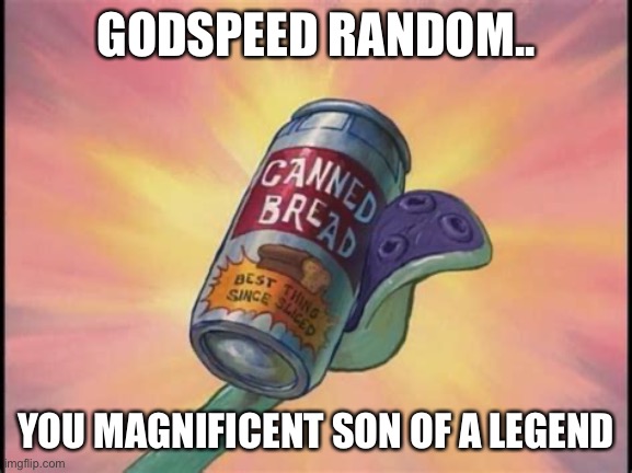 Canned bread | GODSPEED RANDOM.. YOU MAGNIFICENT SON OF A LEGEND | image tagged in canned bread | made w/ Imgflip meme maker