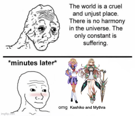 No matter how much I hate Sayori and Sephiroth I can never completely hate Sayori and Sephiroth | Kashiko and Mythra | image tagged in minutes later omg | made w/ Imgflip meme maker