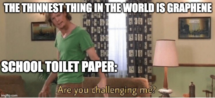*insert funni and creative title here* | THE THINNEST THING IN THE WORLD IS GRAPHENE; SCHOOL TOILET PAPER: | image tagged in are you challenging me | made w/ Imgflip meme maker