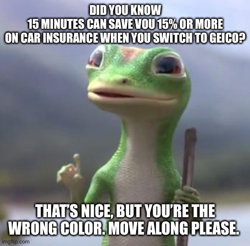 Geico Gecko | DID YOU KNOW
15 MINUTES CAN SAVE VOU 15% OR MORE
ON CAR INSURANCE WHEN YOU SWITCH TO GEICO? THAT’S NICE, BUT YOU’RE THE WRONG COLOR. MOVE ALONG PLEASE. | image tagged in geico gecko | made w/ Imgflip meme maker
