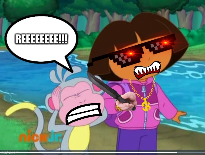 Dora Taking Boots Hostage | REEEEEEEE!!! | image tagged in boots covering his ears,dora the explorer,piggy,roblox piggy,granny | made w/ Imgflip meme maker