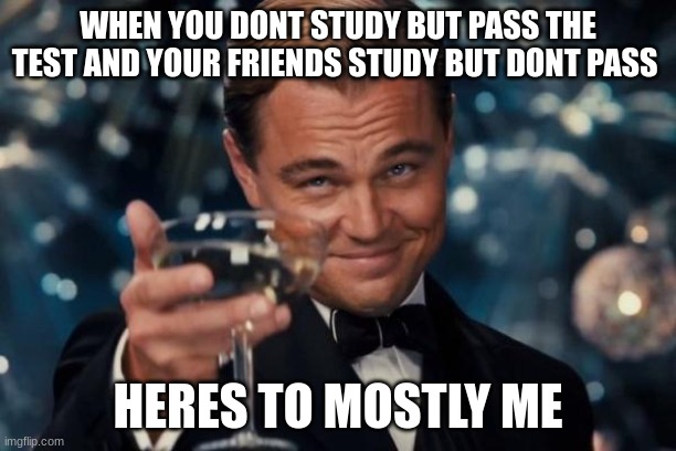 Leonardo Dicaprio Cheers Meme |  WHEN YOU DONT STUDY BUT PASS THE TEST AND YOUR FRIENDS STUDY BUT DONT PASS; HERES TO MOSTLY ME | image tagged in memes,leonardo dicaprio cheers | made w/ Imgflip meme maker