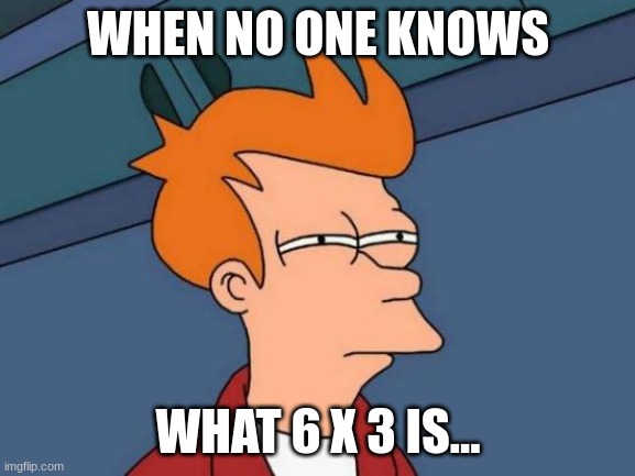 it's gonna happen soon... | WHEN NO ONE KNOWS; WHAT 6 X 3 IS... | image tagged in memes,futurama fry | made w/ Imgflip meme maker